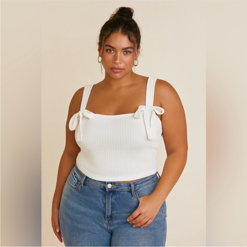 Anthropologie White Ribbed Crop Top with Bow Straps
